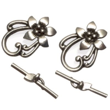 Toggle fasteners flower, approx. 30 x 22 mm, silver-coloured, 2 pcs.
