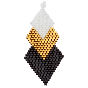 Handgefädeltes Ornament aus japanischen Rocailles, Anhänger in Rhombenform, schwarz-goldfarben-weiß, 55,5 x 23,5 mm