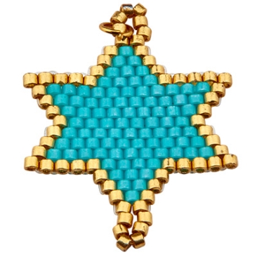 Handgefädeltes Ornament aus japanischen Rocailles, Armbandverbinder Stern, türkis und goldfarben, 31 x 23,5 mm