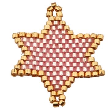 Hand-threaded ornament made of Japanese rocailles,bracelet connector star, pink and gold-coloured, 31 x 23.5 mm