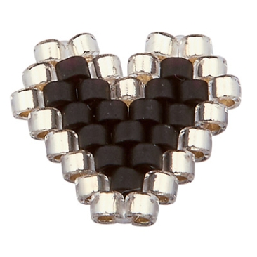 Handgeregen ornament van Japanse rocailles, hart, zwart en zilver, 10,5 x 12 mm