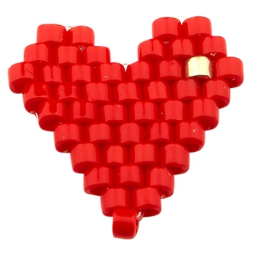 Ornement cousu main en rocailles japonaises, coeur, rouge, 13,5 x 13,5 mm