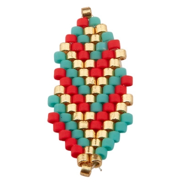 Handgeregen ornament van Japanse rocailles, armbandverbinder ruit, rood-turquoise-goud, 26 x 12 mm