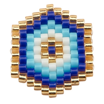 Handgeregen ornament van Japanse rocailles, zeshoekig, blauw-goudkleurig, 18,5 x 15 mm