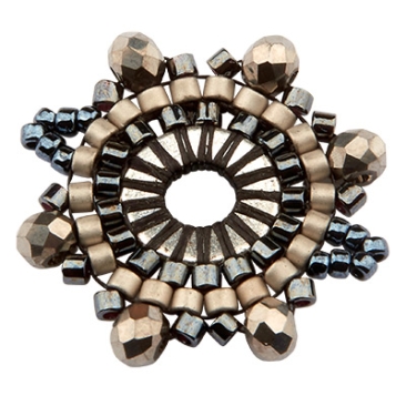 Hand-threaded ornament made of Japanese rocailles, bracelet connector, brown shades, 21 x 20.5 mm