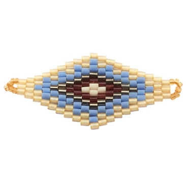 Hand-threaded ornament made of Japanese rocailles,bracelet connector rhombus, blue tones, 43.5 x 20 mm
