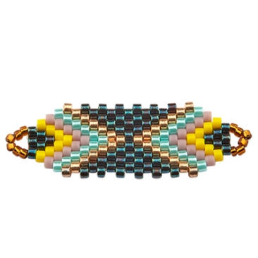 Hand-threaded ornament of Japanese rocailles, bracelet connector rhombus, blue tones, 36 x 11.5 mm