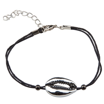 Bracelet avec cordon en coton ciré et coquillage galvanisé Cowrie, couleur argent, longueur environ 19.5cm