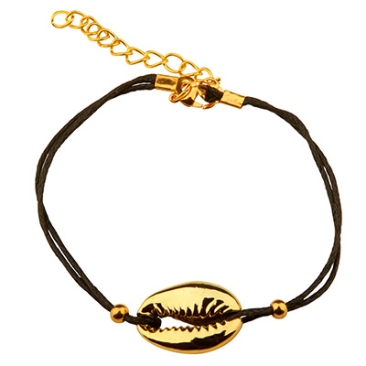 Bracelet avec cordon en coton ciré et coquillage galvanisé Cowrie, doré, longueur environ 19.5cm