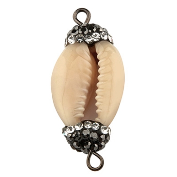 Connecteur de bracelet en coquillage avec argile polymère et pierres de strass et œillet, coquillage Cowrie, environ 30,5 x 14,5 mm