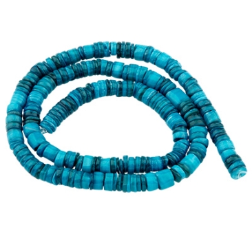Brin de perles de coquillages, disque, coloré en bleu, 5,5 x 0,4-6 mm, longueur environ 40 cm