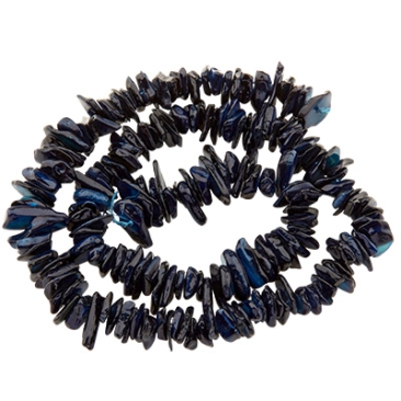 Brin de perles de coquillages Chips, colorées bleu foncé, env. 6-15 mm x 1-5 mm, longueur env. 38 cm