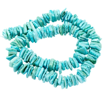 Brin de perles de coquillages, chips, carrées, colorées en turquoise, env. 10 mm, longueur env. 45 cm