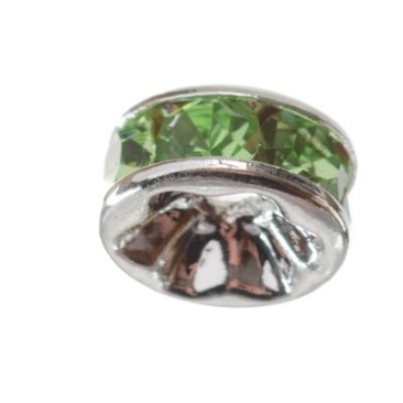 Rhinestone rondell, round, 8 mm, straight edge, light green, silver-coloured