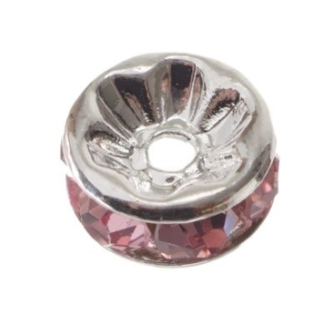 Bergkristal rondel, rond, 8 mm, rechte rand, roze, zilverkleurig