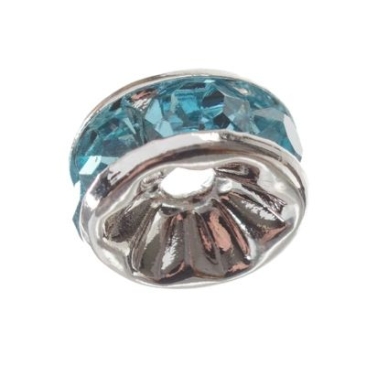 Rhinestone rondell, round, 8 mm, straight edge, aqua, silver-coloured