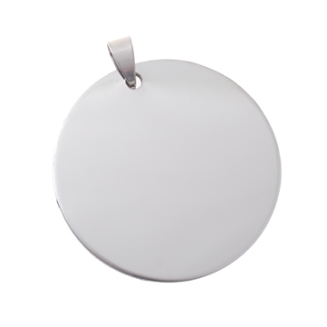 Stainless steel pendant, round, diameter 42 mm, with necklace loop, silver-coloured
