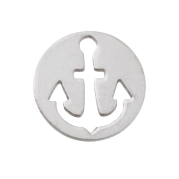 Stainless steel pendant, round with anchor, diameter 12 mm, silver-coloured
