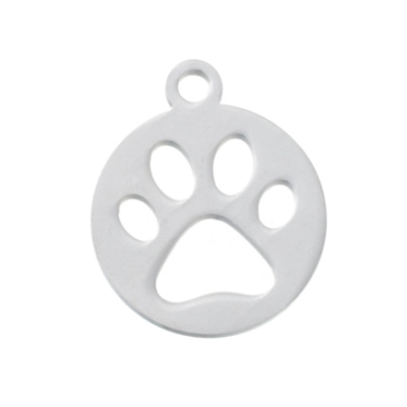 Stainless steel pendant, round with paw, diameter 12 mm, silver-coloured