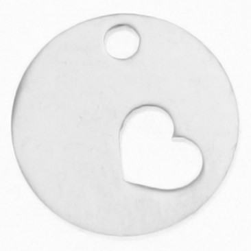 Stainless steel pendant, round with heart, diameter 12 mm, silver-coloured
