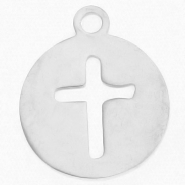 Stainless steel pendant, round with cross, diameter 12 mm, silver-coloured