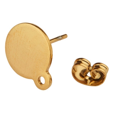 Stainless steel ear studs, round disc, gold-coloured, 12.5 x 10 x 1 mm, eyelet: 1.5 mm, plug: 0.8 mm