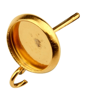 Edelstahl Ohrstecker mit Fassung für runde Cabochons mit 8 mm Durchmesser, goldfarben, 12,5 x 10 x 2 mm, Öse: 2 mm, Stecker: 0,8 mm