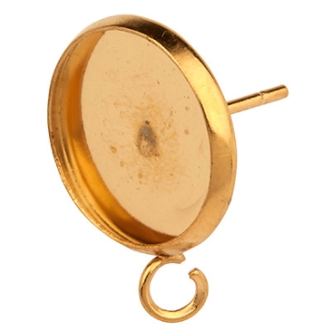 Edelstalen oorstekers met zetting voor ronde cabochons met 12 mm diameter, goudkleurig, 16,5 x 14 x 2 mm, oogje: 2 mm, steker: 0,8 mm