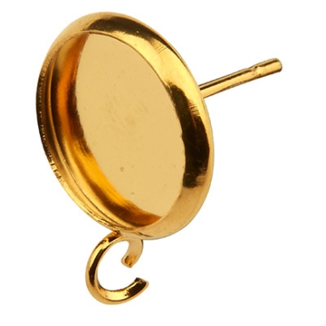 Edelstahl Ohrstecker mit Fassung für runde Cabochons mit 10 mm Durchmesser, goldfarben, 15 x 12 x 1,5 mm, Öse: 2 mm, Stecker: 0,8 mm