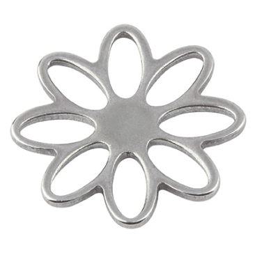 Stainless steel bracelet connector, flower, silver coloured, 15.5x1mm