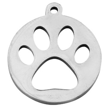 Stainless steel pendant, disc with paw, silver-coloured, 18 x 16 x 1.5 mm, eyelet 1.2 mm