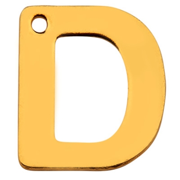 Stainless steel pendant, letter D, gold-coloured, 11 x 9 x 0.8mm, loop 1mm