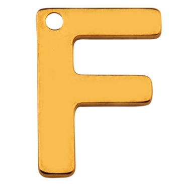 Stainless steel pendant, letter F, gold-coloured, 11 x 8 x 0.8mm, loop 1mm