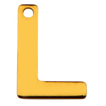 Stainless steel pendant, letter L, gold-coloured, 11 x 8 x 0.8mm, loop 1mm