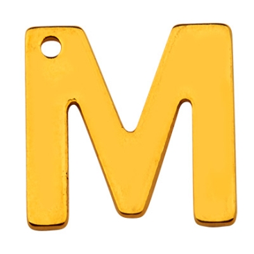 Stainless steel pendant, letter M, gold-coloured, 11 x 10.5 x 0.8mm, loop 1mm