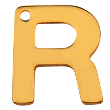 Stainless steel pendant, letter R, gold-coloured, 11 x 9 x 0.8mm, loop 1mm