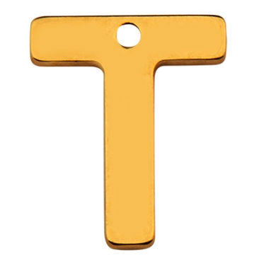 Stainless steel pendant, letter T, gold coloured, 11 x 9 x 0.8mm, loop 1mm