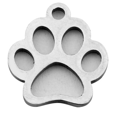 Stainless steel pendant, dog paw, silver-coloured, 12.9 x 11.8 x 1 mm, eyelet 1.5 mm