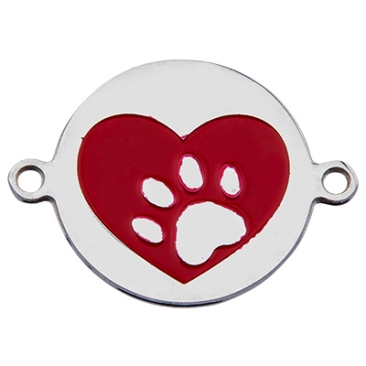 Stainless steel bracelet connector, disc with heart and paw prints, silver-coloured, enamelled, 21 x 15.5 x 0.7 mm, loop 1.4 mm