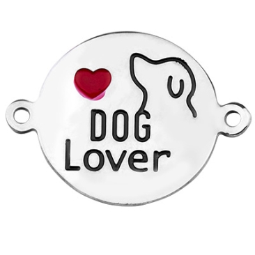 Stainless steel bracelet connector, disc, dog and lettering "Dog Lover", silver-coloured, enamelled, 21 x 15.5 x 0.7 mm, eyelet 1.4 mm