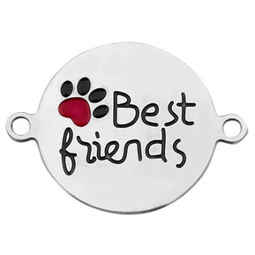 Stainless steel bracelet connector, disc, paw and lettering "Best Friends", silver-coloured, 21 x 15.5 x 0.7 mm, eyelet 1.4 mm