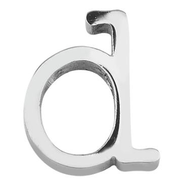 Letter: D, roestvrijstalen kraal in de vorm van een letter, zilverkleurig, 13 x 10 x 3 mm, gatdiameter: 1,8 mm