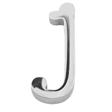 Lettre : J, perle en acier inoxydable en forme de lettre, argentée, 13 x 6 x 3 mm, diamètre du trou : 1,8 mm