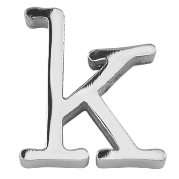 Letter: K, roestvrijstalen kraal in de vorm van een letter, zilverkleurig, 13 x 12 x 3 mm, gatdiameter: 1,8 mm
