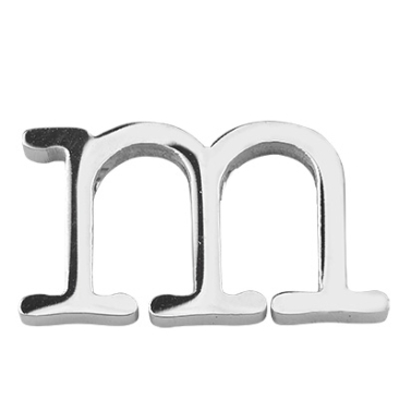 Letter: M, roestvrijstalen kraal in de vorm van een letter, zilverkleurig, 12 x 22 x 3 mm, gatdiameter: 1,8 mm
