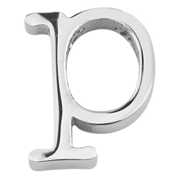 Letter: P, roestvrijstalen kraal in de vorm van een letter, zilverkleurig, 12 x 9 x 3 mm, gatdiameter: 1,8 mm