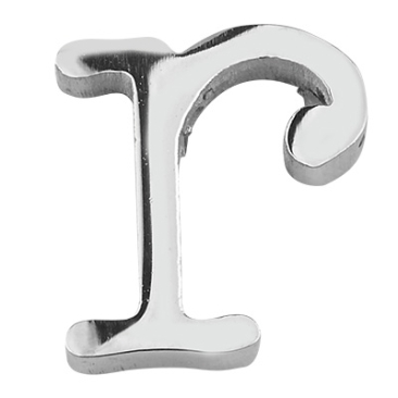Letter: R, roestvrijstalen kraal in de vorm van een letter, zilverkleurig, 11,5 x 11 x 3 mm, gatdiameter: 1,8 mm