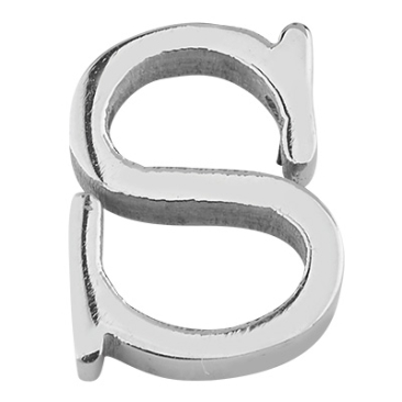Letter: S, roestvrijstalen kraal in de vorm van een letter, zilverkleurig, 11 x 9 x 3 mm, gatdiameter: 1,8 mm