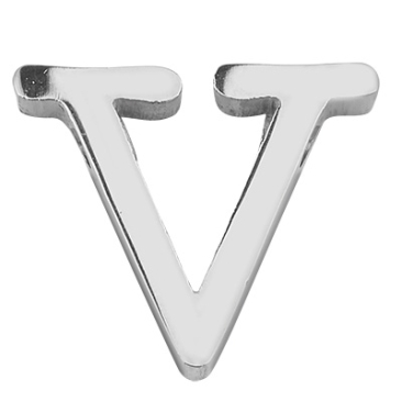 Letter: V, roestvrijstalen kraal in de vorm van een letter, zilverkleurig, 12 x 14,5 x 3 mm, gatdiameter: 1,8 mm