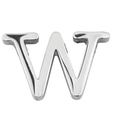 Letter: W, roestvrijstalen kraal in de vorm van een letter, zilverkleurig, 12 x 19 x 3 mm, gatdiameter: 1,8 mm